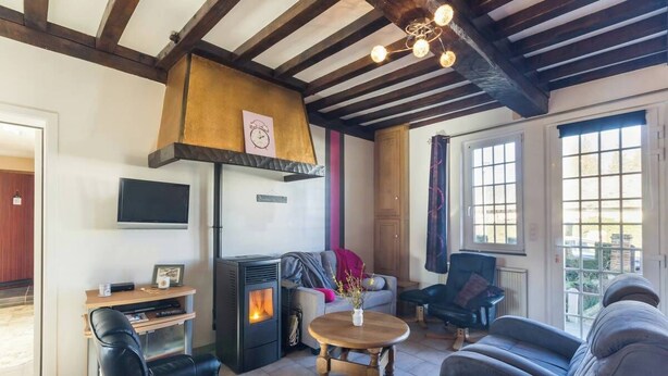 A cozy living room with a fireplace, comfortable seating, a television, and a large window. - Gîtes de France® - The Flowers (CROIXDALLE)