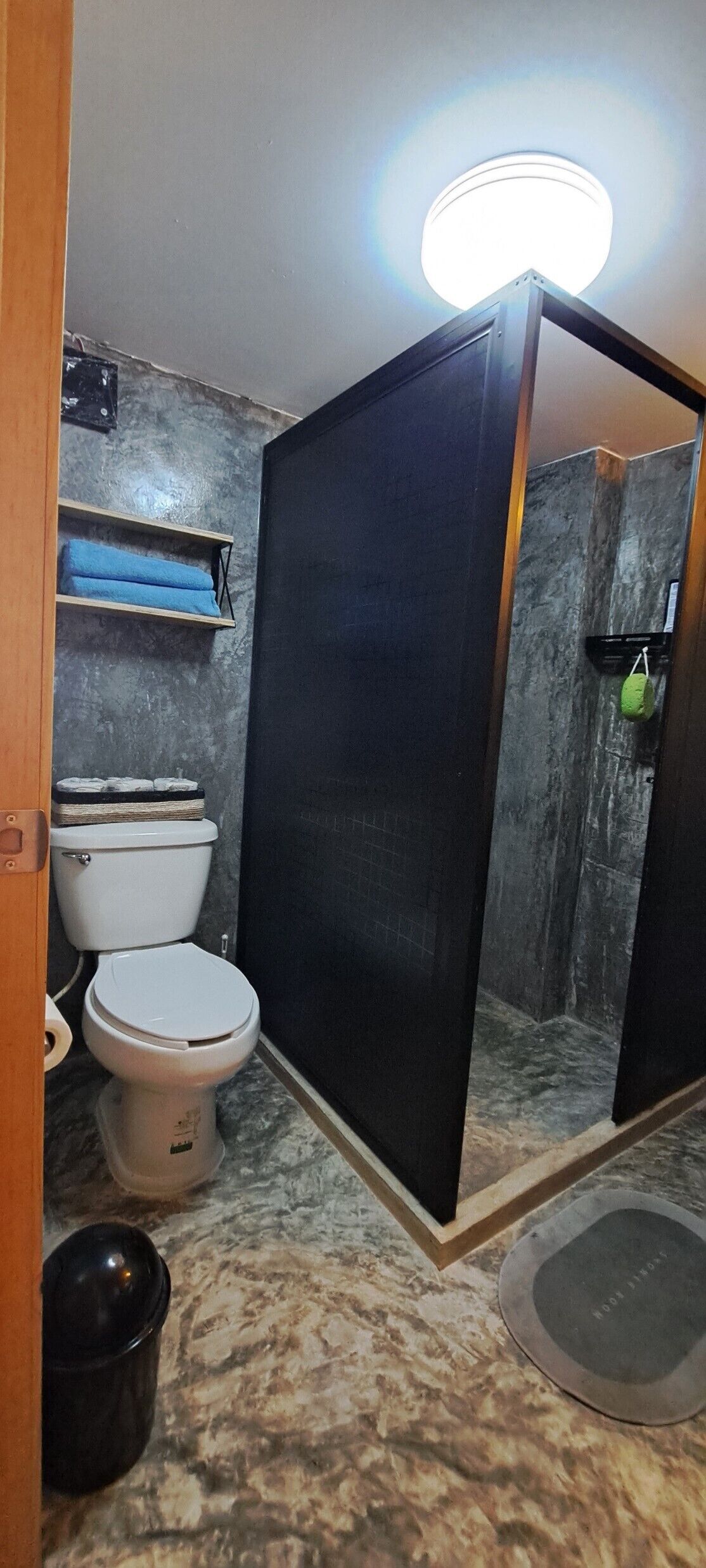 A bathroom with a toilet, a sink, and a shower area.