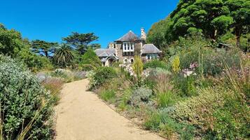 A pathway leading to a stone building surrounded by lush greenery.