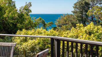 A view from a balcony overlooking a coastal area with dense greenery and a clear blue sea.