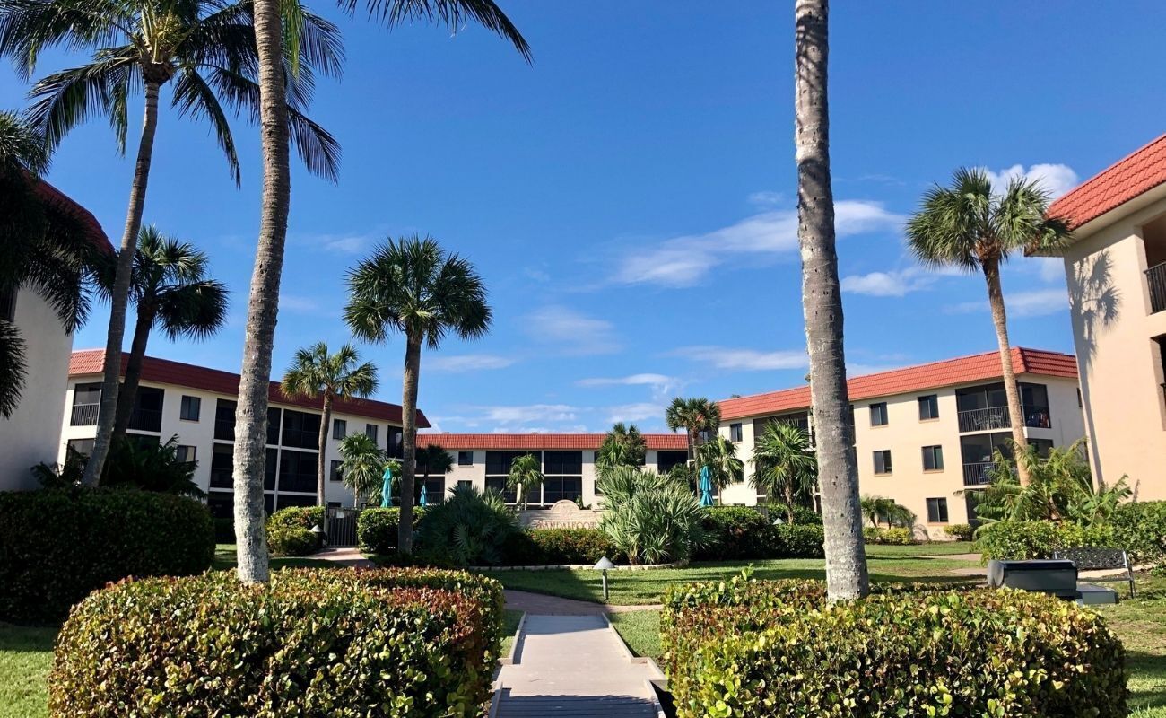 A pathway leading to a building with a red roof, surrounded by palm trees and well-maintained hedges.