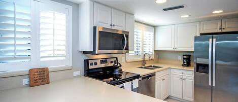A modern kitchen with white cabinets, stainless steel appliances, and a window with blinds.