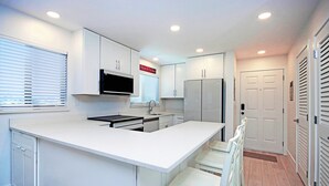 A modern kitchen with white cabinetry, a central island, and a built-in microwave.