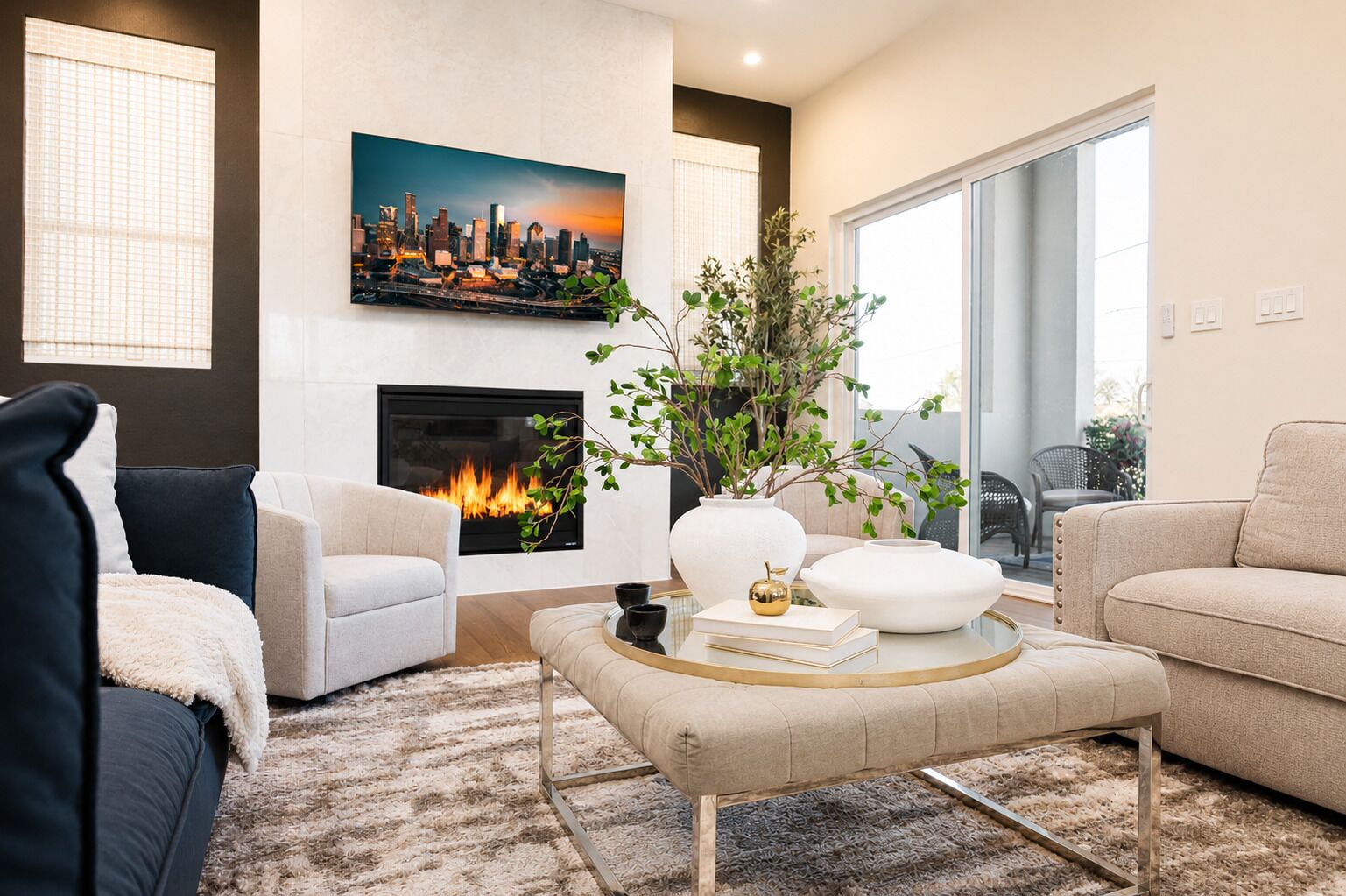 Smart TV, chimenea, libros y oficina 
