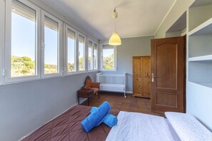 A bedroom with a bed, a crib, a wooden door, and large windows.