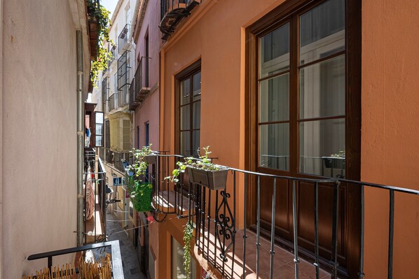 A narrow alleyway with balconies, a metal railing, and potted plants.