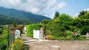 Una entrada pavimentada con una reja, abundante vegetación y montañas al fondo.