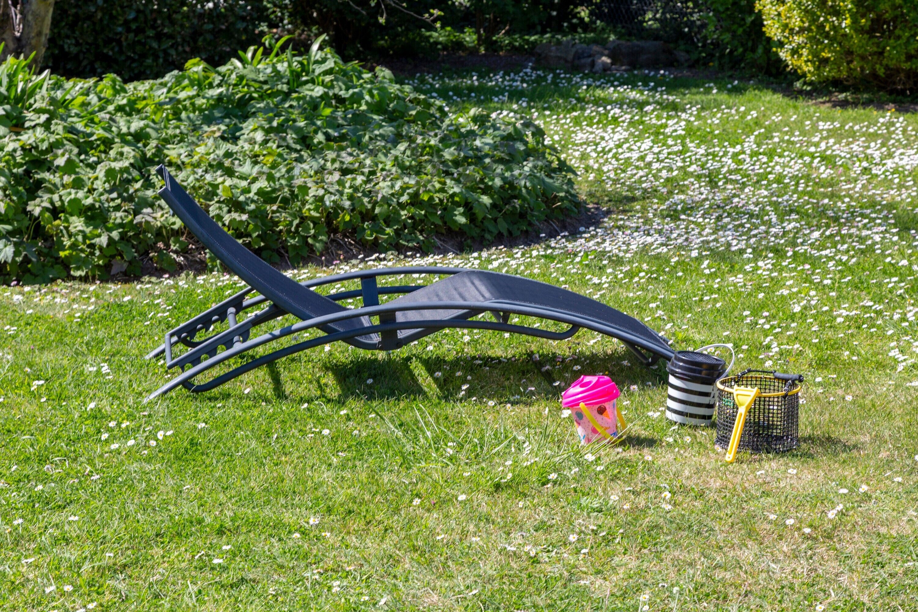 Una struttura metallica in un prato con un cesto e un oggetto rosa nelle vicinanze.