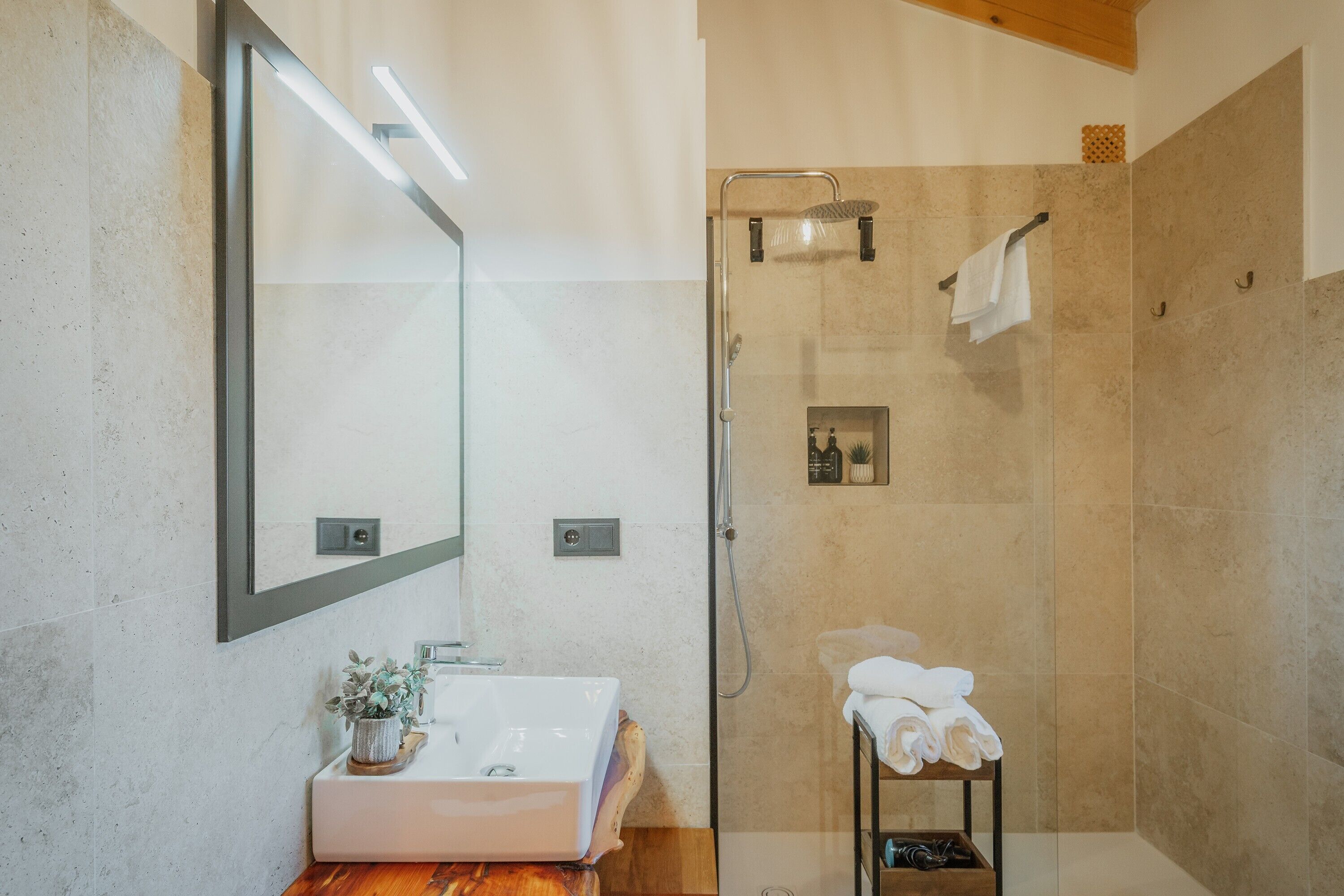 Une salle de bain moderne avec une douche à parois de verre, un lavabo blanc agrémenté d’une plante et un meuble-lavabo en bois.