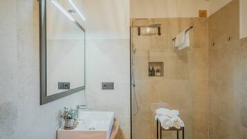 Une salle de bain moderne avec une douche à parois de verre, un lavabo blanc agrémenté d’une plante et un meuble-lavabo en bois.