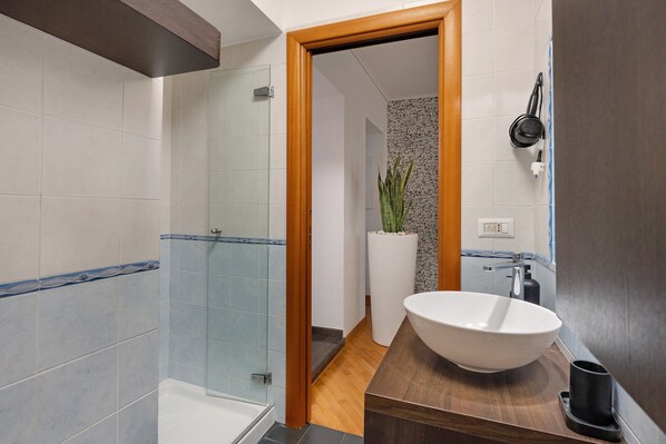 Shower, hair dryer, towels