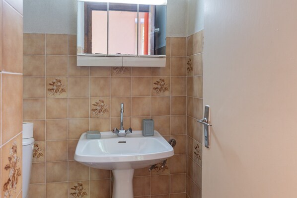Een badkamer met een wastafel, spiegel en toilet.