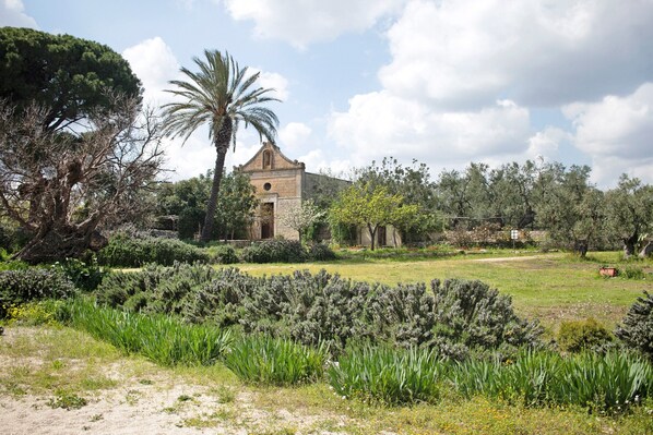 A historic building with a stone facade, surrounded by a well-maintained garden with various shrubs and a palm tree.