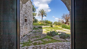 An arched stone doorway leading to a courtyard with a palm tree and a stone building.
