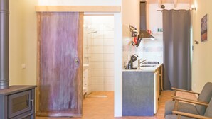 Een kamer met een bed, een houten kast, een kitchenette, een douche en een stoel.