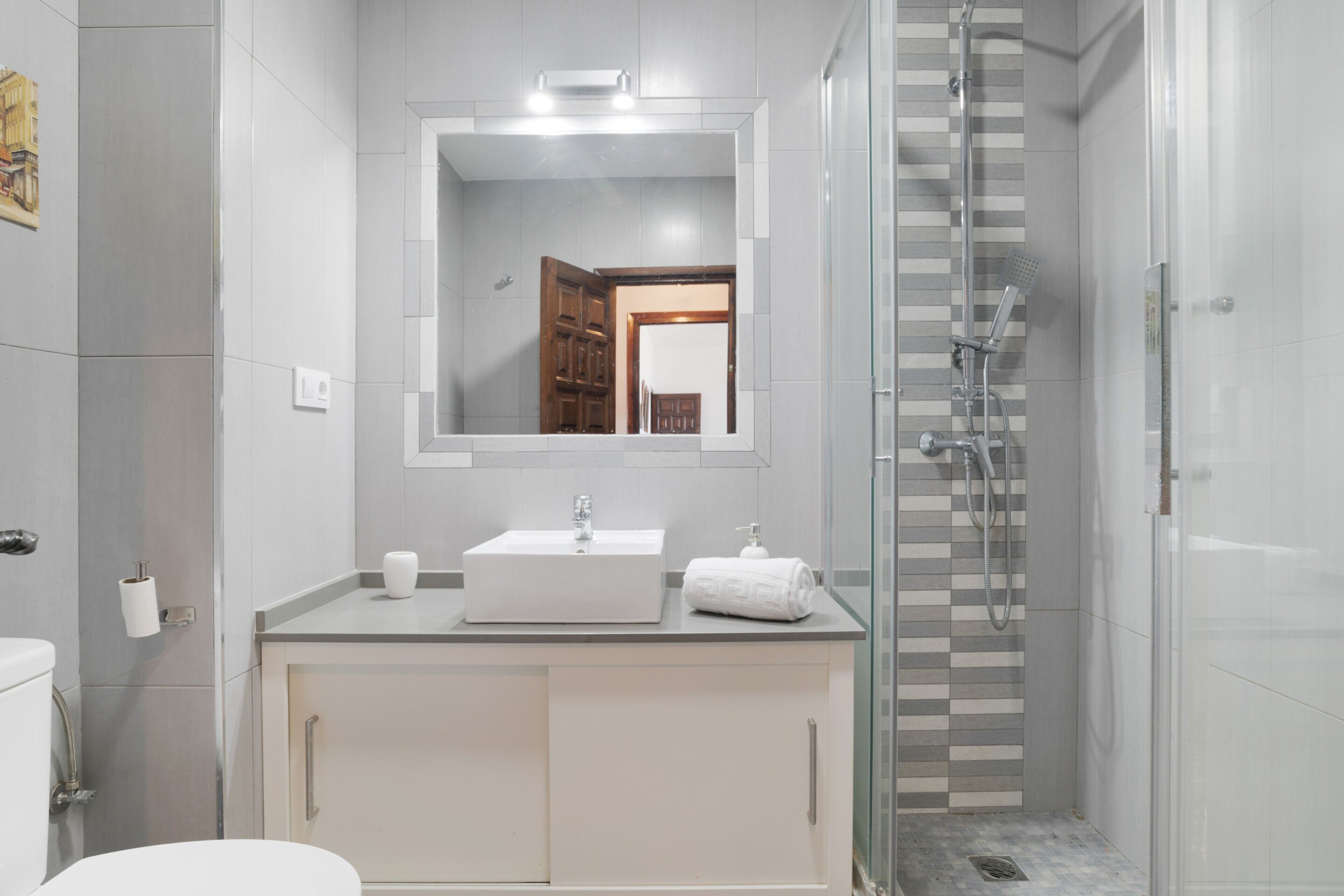 Shower, hair dryer, towels