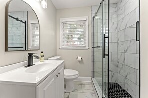 Eco-friendly toiletries, hair dryer, towels, soap