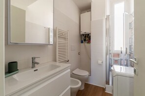Shower, hair dryer, bidet, towels