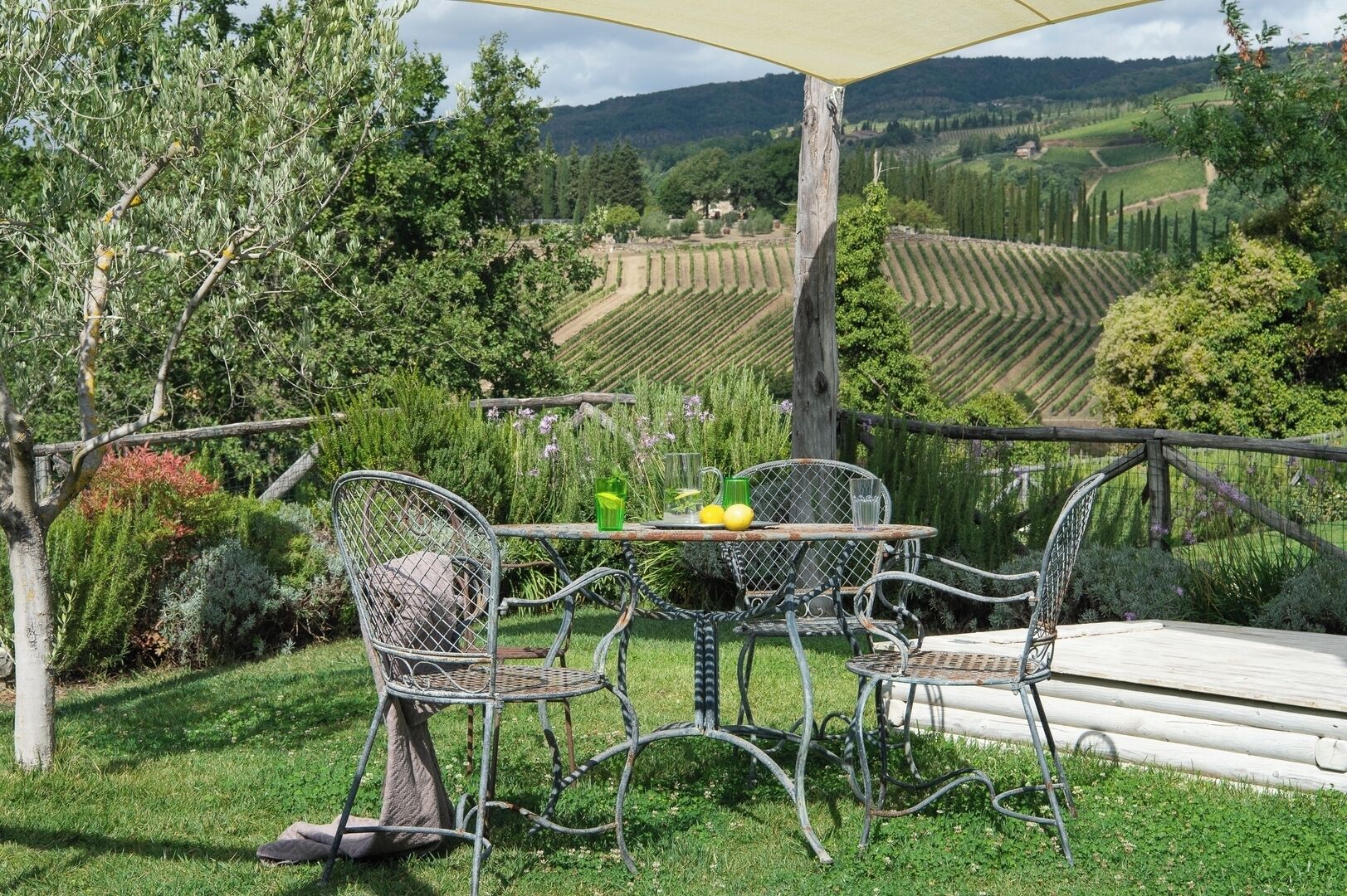 A rustic outdoor seating area with metal chairs and a table, surrounded by lush greenery and vineyards in the background.