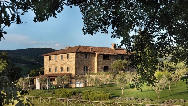 A stone building with a tiled roof, surrounded by a fenced vineyard and trees. - Villa Piandolce - Radda In Chianti (SI)