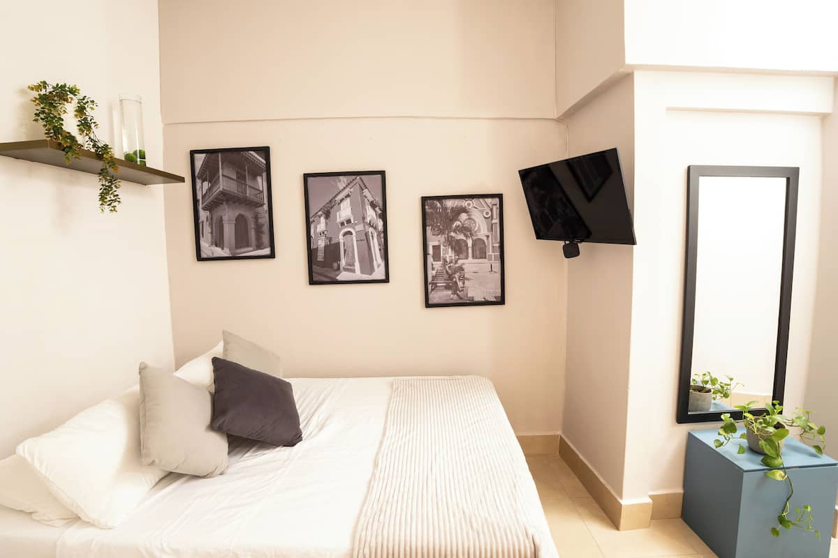 A bedroom with a bed, pillows, a shelf with plants, and three black-and-white photographs on the wall.