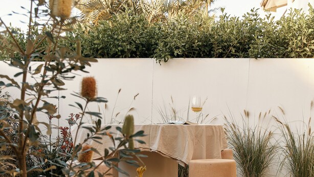 A garden with a table and chairs, surrounded by plants and rocks. - Noosa Parade Holiday Inn (Noosa Heads)