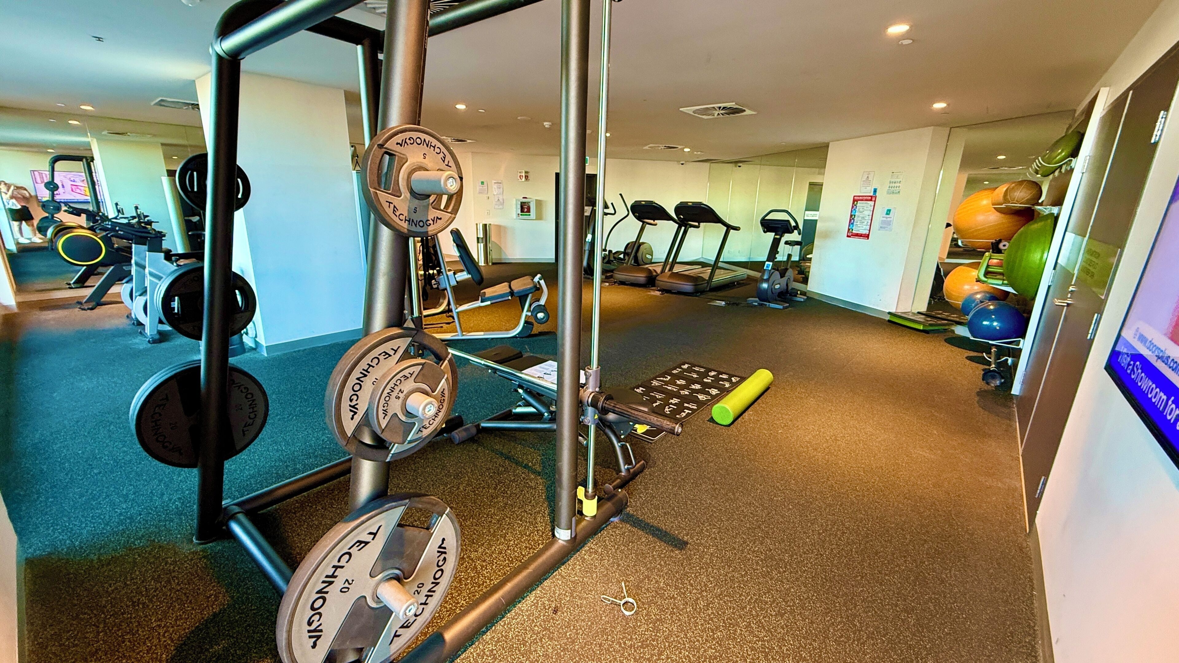 A gym with weightlifting equipment, treadmills, and exercise balls.