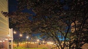A well-lit backyard with a wooden fence, a tree, and a grassy area. - Pinwheel Place off the Square (Talladega)