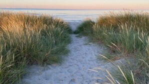A sandy path leading to the beach, flanked by tall grass.