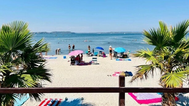 Une plage avec des palmiers, des parasols et des gens.