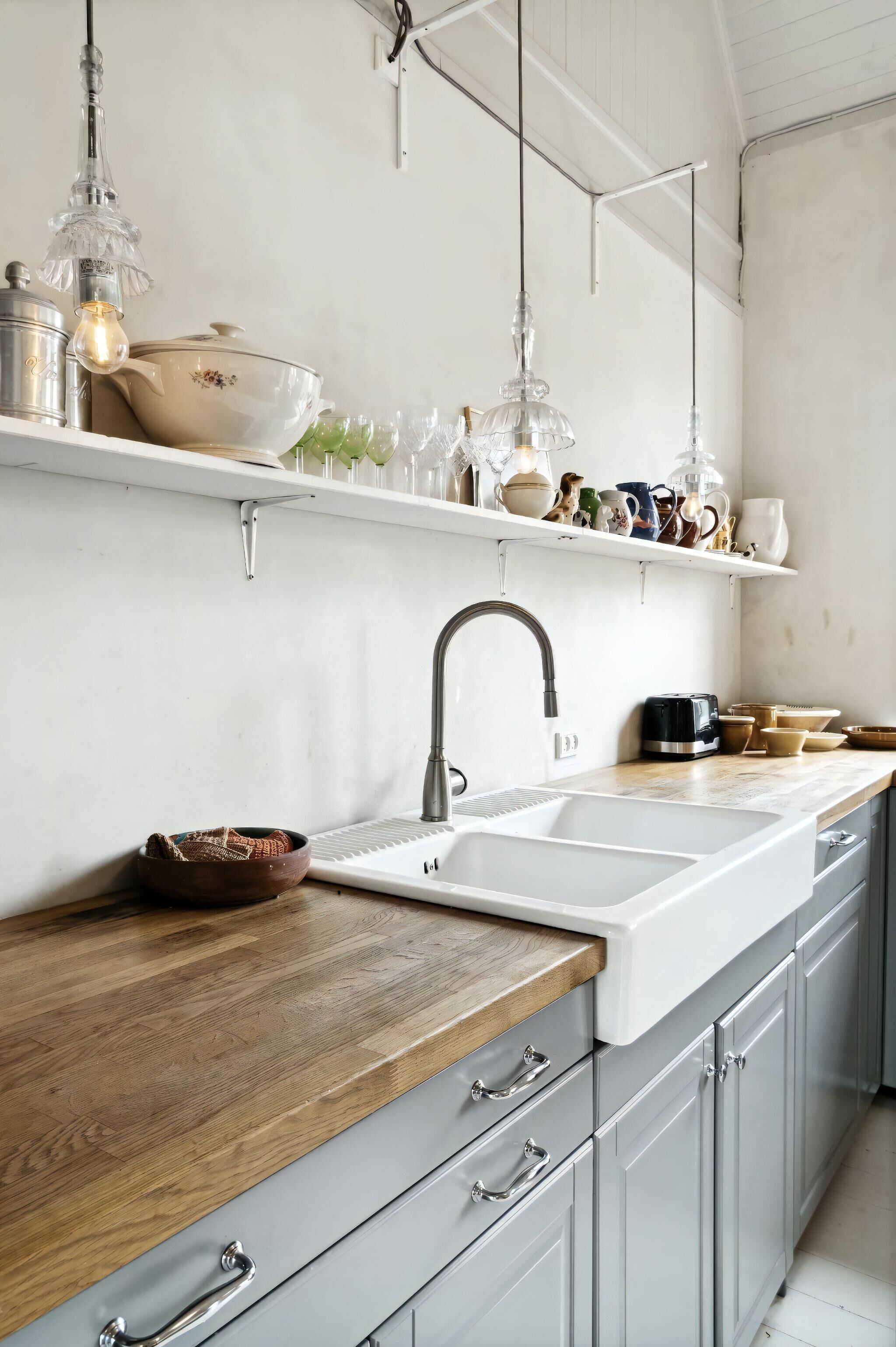 Une cuisine avec un plan de travail en bois, un évier et un luminaire suspendu.