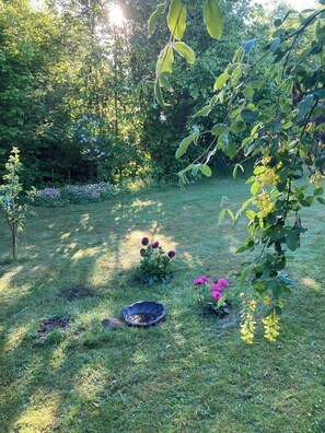 A garden with grass, a birdbath, and flowering plants. - Holiday home with peace, nature and great moments (Jægerspris)