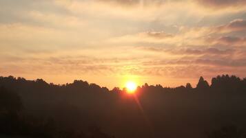 Ein Sonnenuntergang über einer bewaldeten Landschaft.