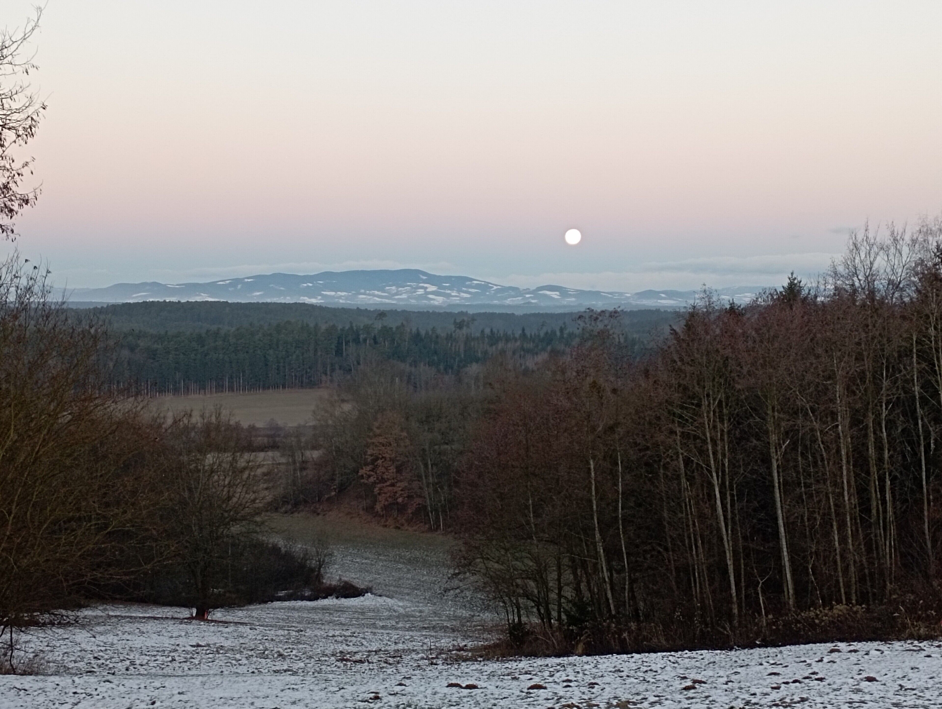 Un paisaje nevado con un sendero que atraviesa un bosque, una cadena montañosa a lo lejos y una luna llena en el cielo.