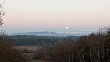 Un paisaje nevado con un sendero que atraviesa un bosque, una cadena montañosa a lo lejos y una luna llena en el cielo.