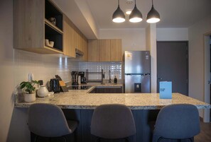 Fridge, microwave, oven, stovetop