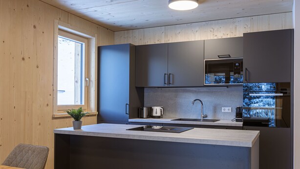 A modern kitchen with a built-in microwave, a kettle, and a sink.