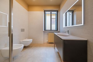 Shower, hair dryer, bidet, towels
