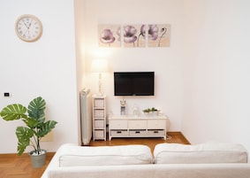 A modern living room with a white sofa, a flat-screen TV mounted on the wall, a potted plant, and a wall clock.