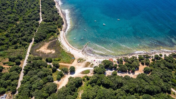 Vista aérea de una zona costera con playa, vegetación densa y mar azul cristalino.