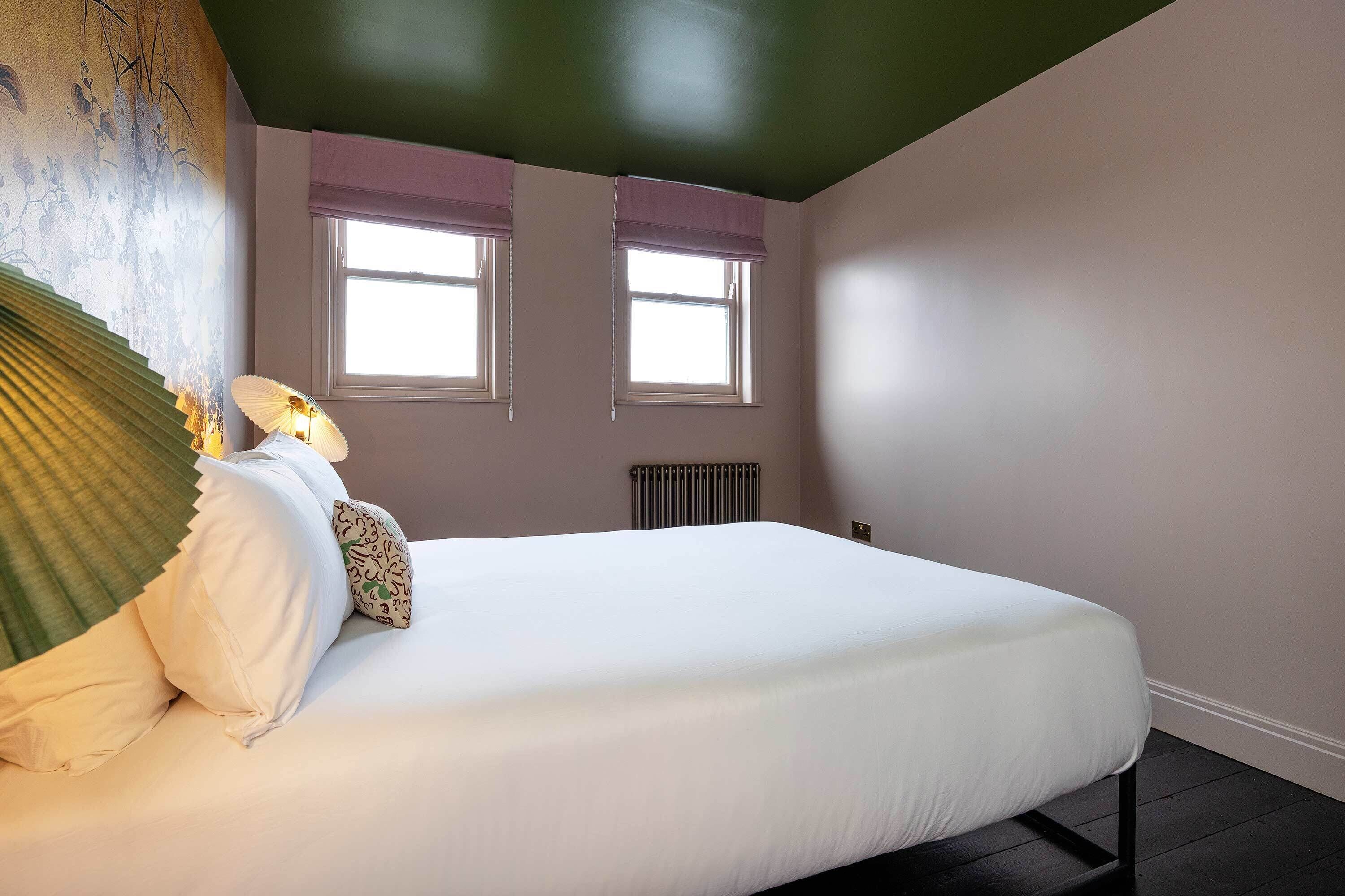 A bedroom with a bed, two windows, a radiator, and a green ceiling.