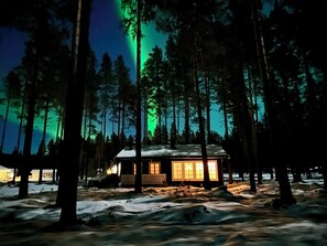 A cabin with a snow-covered ground, surrounded by tall trees, and illuminated by a green aurora. - Spacious 4p cottage with fireplace in beautiful bathing site (Jämtlands län)