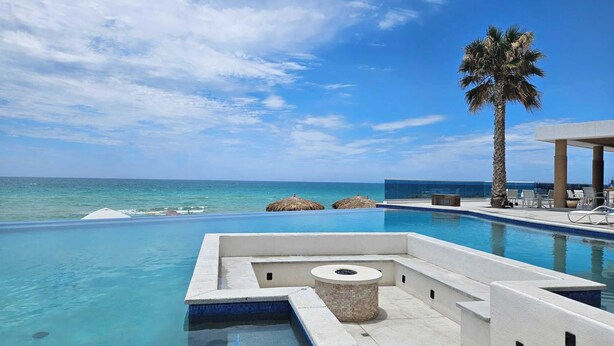 An infinity pool with clear blue water, a palm tree, and a view of the ocean.