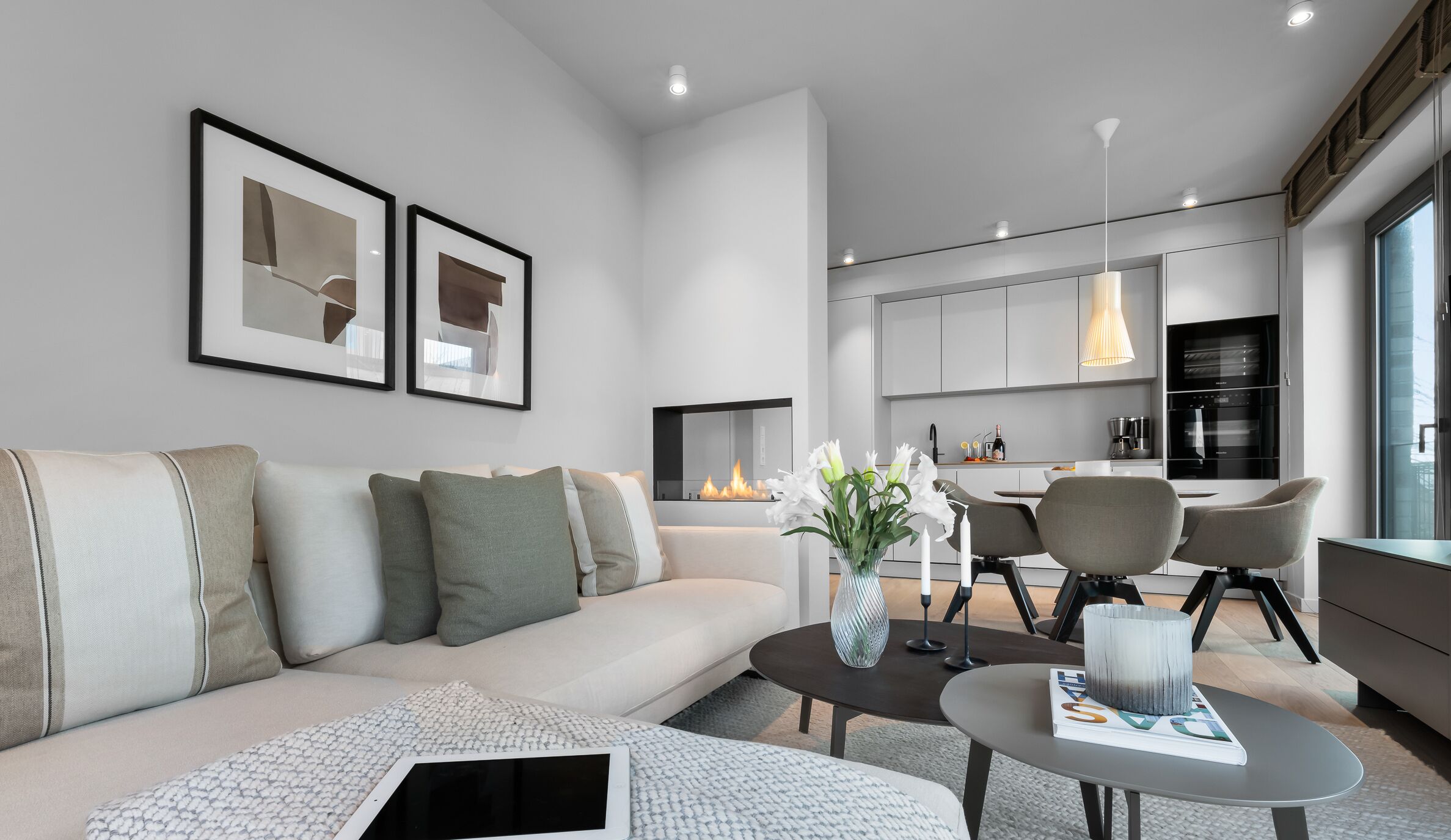 Een televisie, een open haard en een stereo