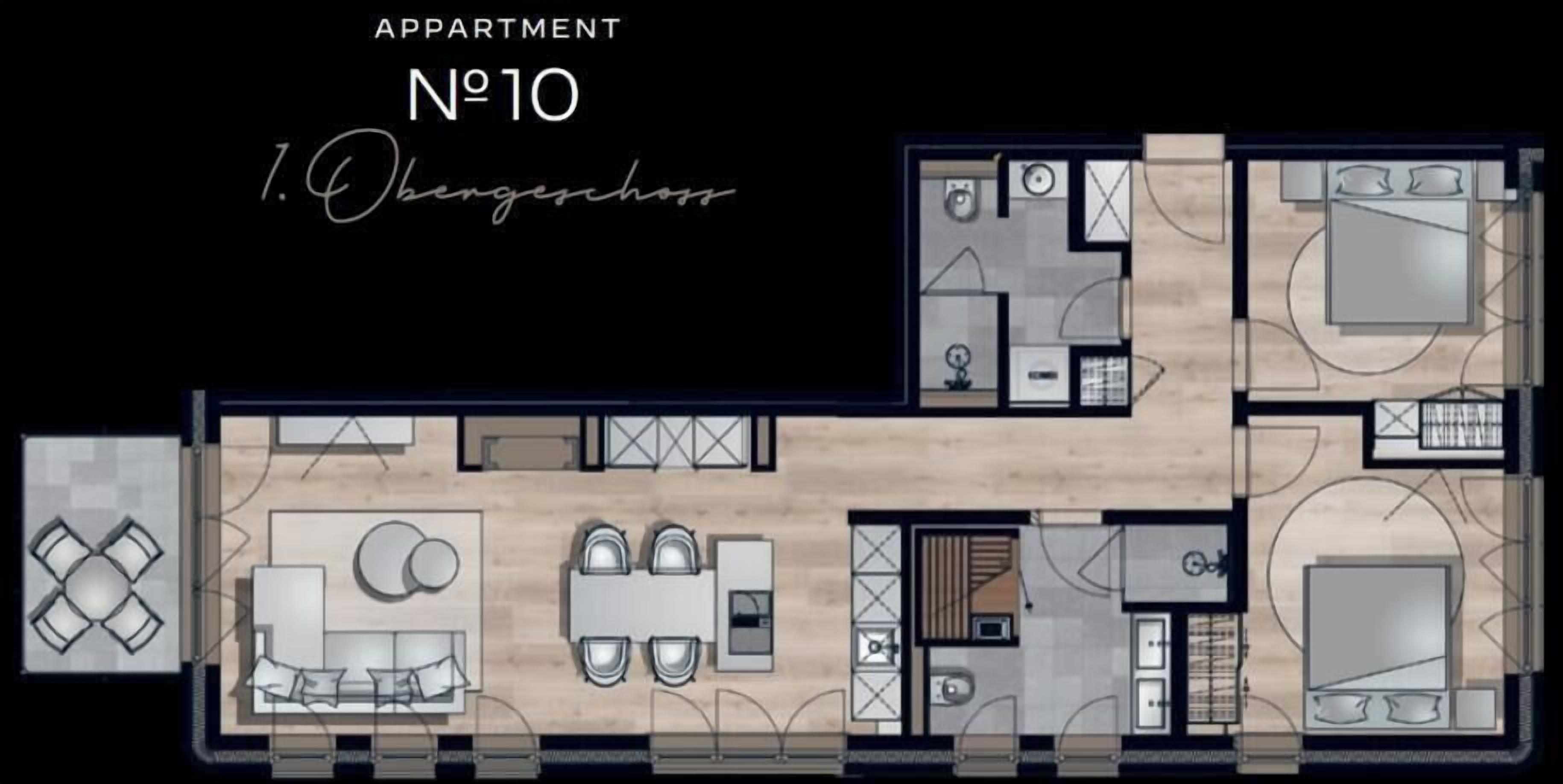 A floor plan of apartment No. 10 with a living room, dining area, kitchen, and two bedrooms.