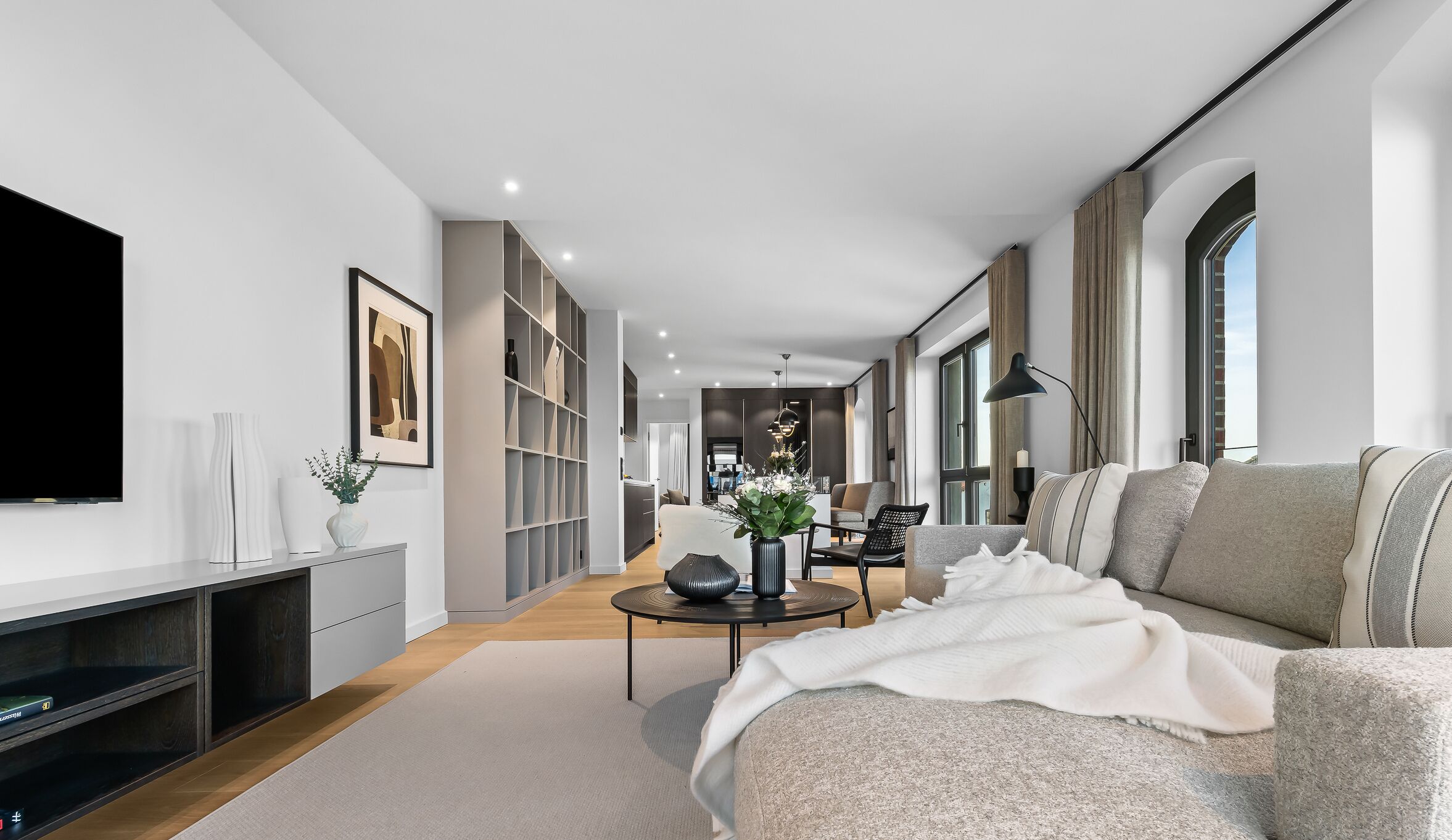 Télévision, cheminée, chaîne hi-fi