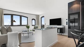 Een televisie, een open haard, boeken en een stereo