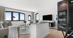 TV, fireplace, books, stereo