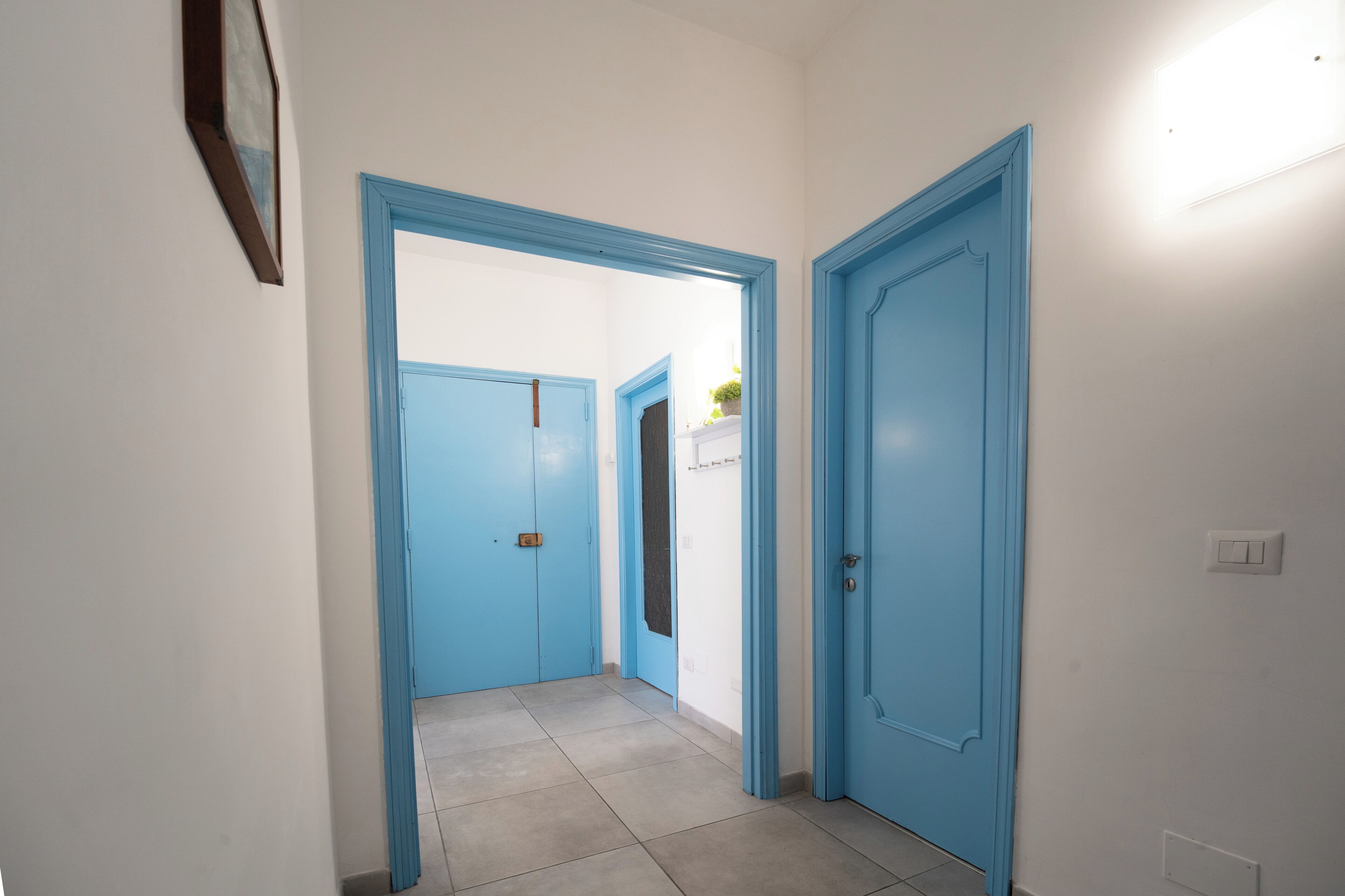 Un pasillo con puertas azules, un interruptor de luz y un cuadro en la pared.