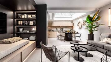 Smart TV, books, video library, stereo